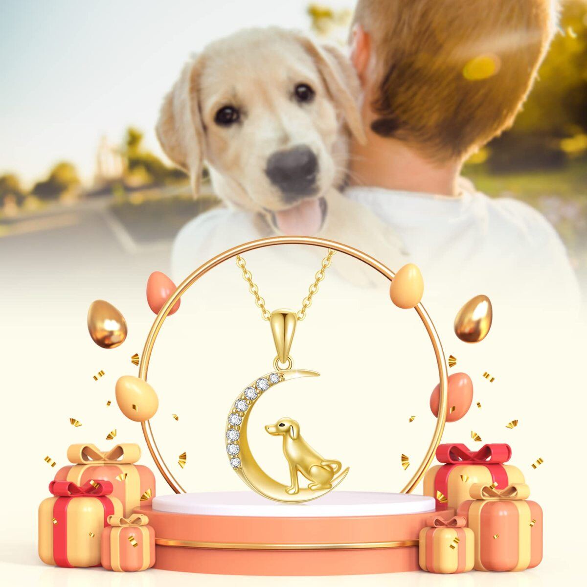 14K Gold Cubic Zirconia Dog & Moon Pendant Necklace-6
