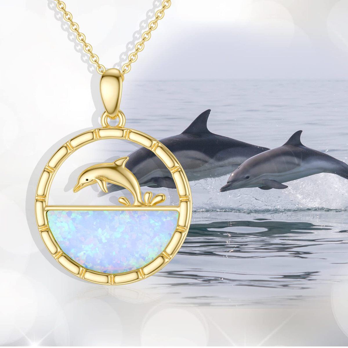 14K Gold Opal Dolphin Pendant Necklace-6