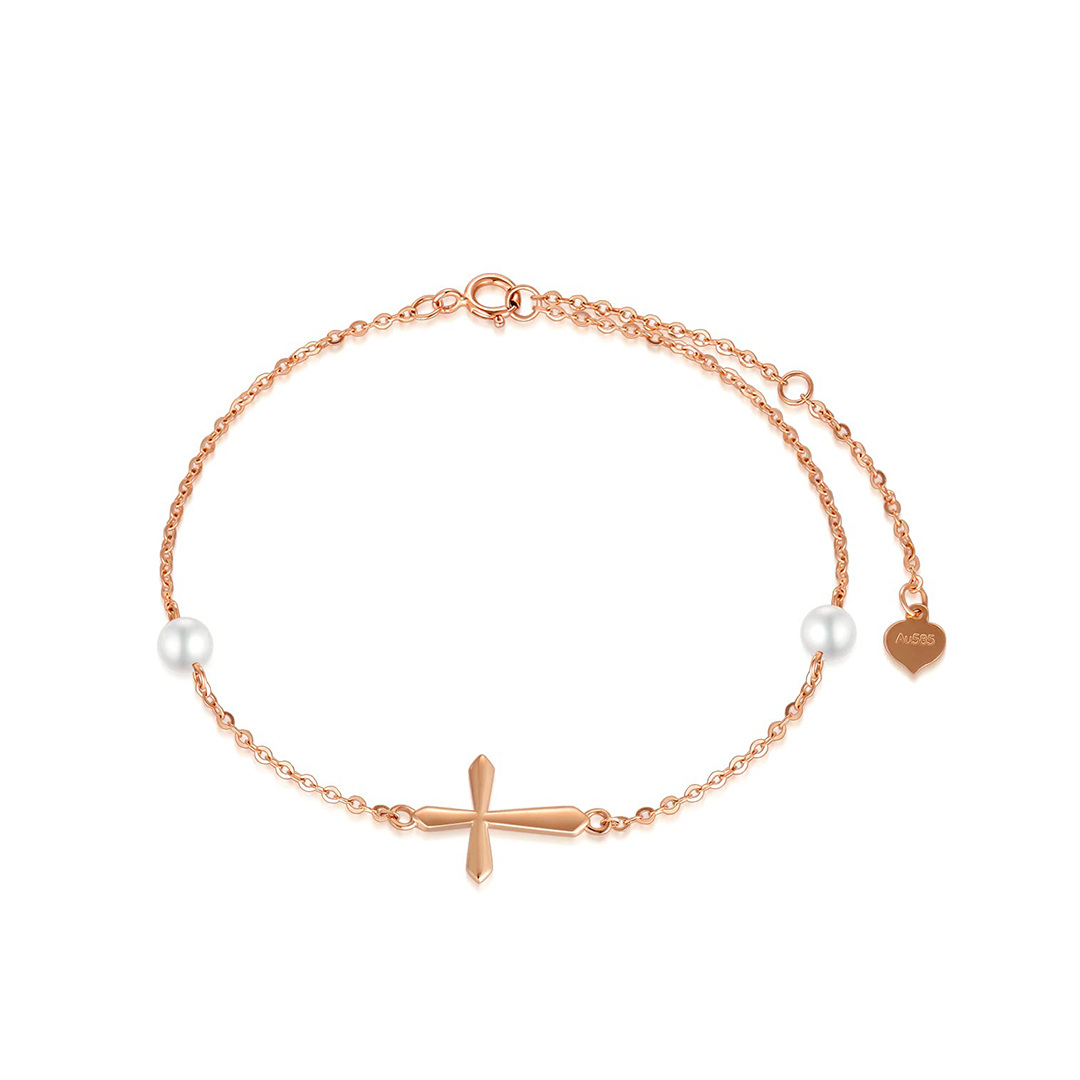 14K Gold Pearl Cross Pendant Bracelet-1