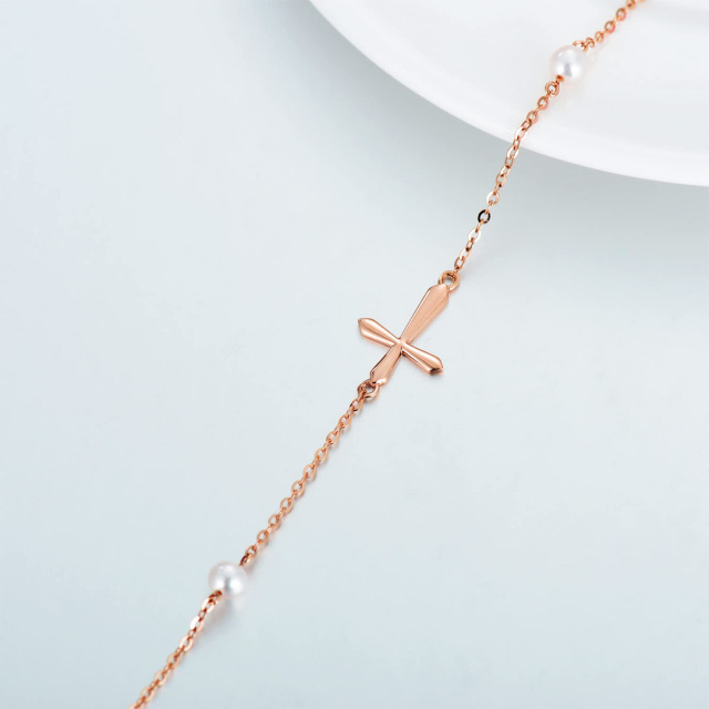Pulsera con colgante de cruz de perlas de oro de 14 quilates-3