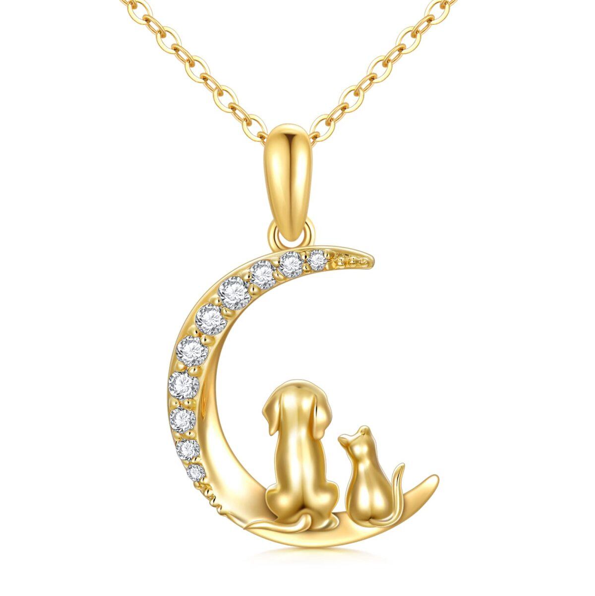 14K Gold Cubic Zirconia Cat & Dog & Moon Pendant Necklace-1