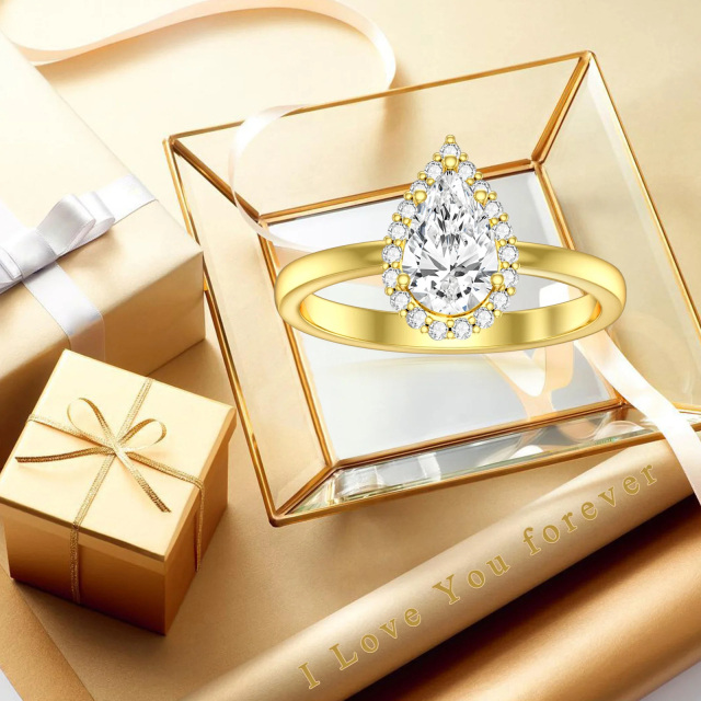 Anel de noivado em ouro 14K em forma de pera com diamante em forma de gota-3