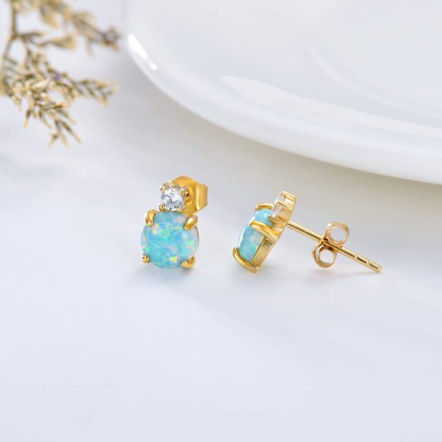 14K Gold Circular Shaped Opal Round Stud Earrings-3