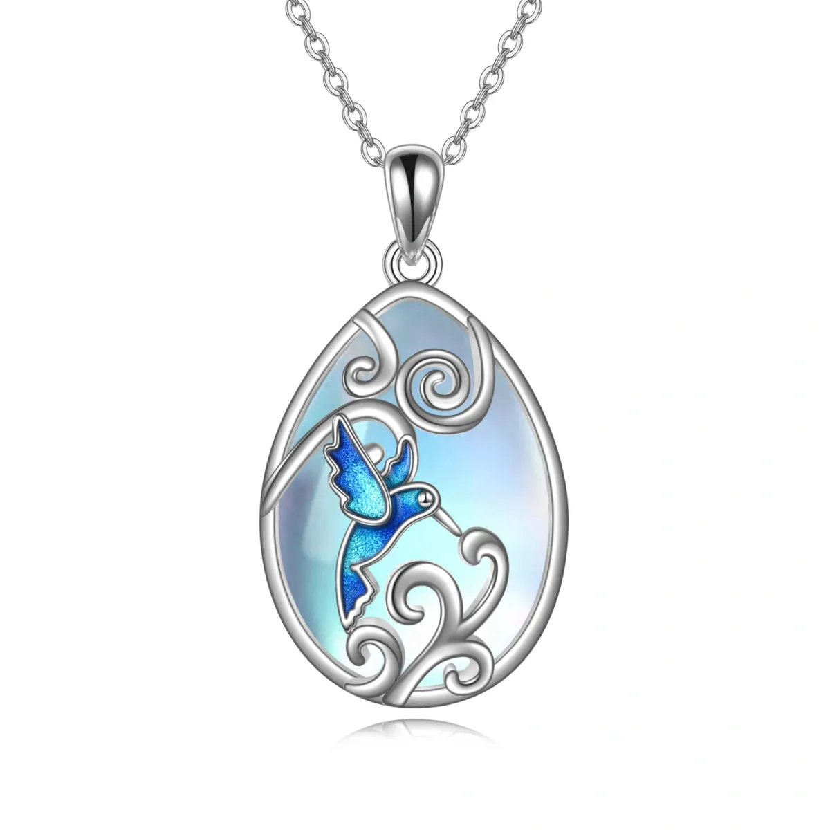 Sterling Silver Moonstone & Crystal Hummingbird Pendant Necklace-1