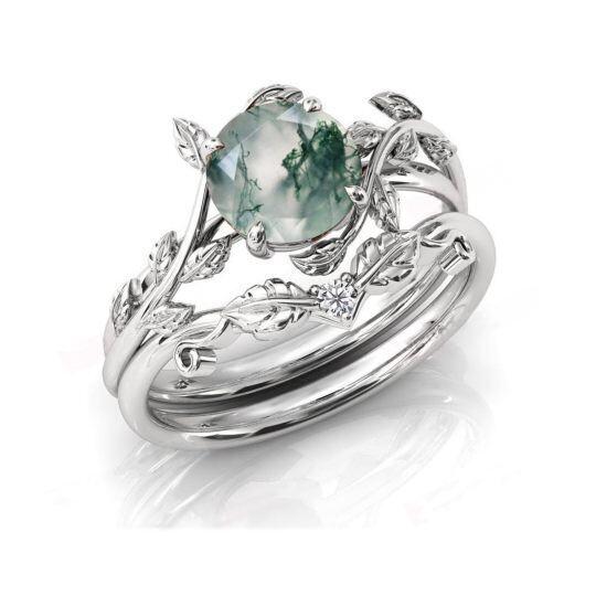 Sterling Silver with Rose Gold Plated Round Moss Agate & Personalized Engraving Leaves Engagement Ring