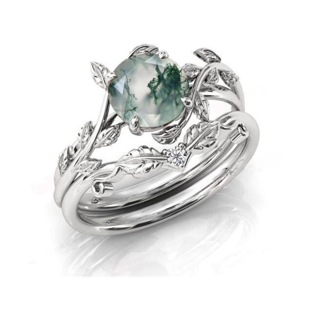Sterling Silver with Rose Gold Plated Round Moss Agate & Personalized Engraving Leaves Engagement Ring-1
