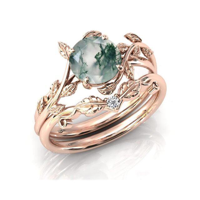 Sterling Silver with Rose Gold Plated Round Moss Agate & Personalized Engraving Leaves Engagement Ring-6