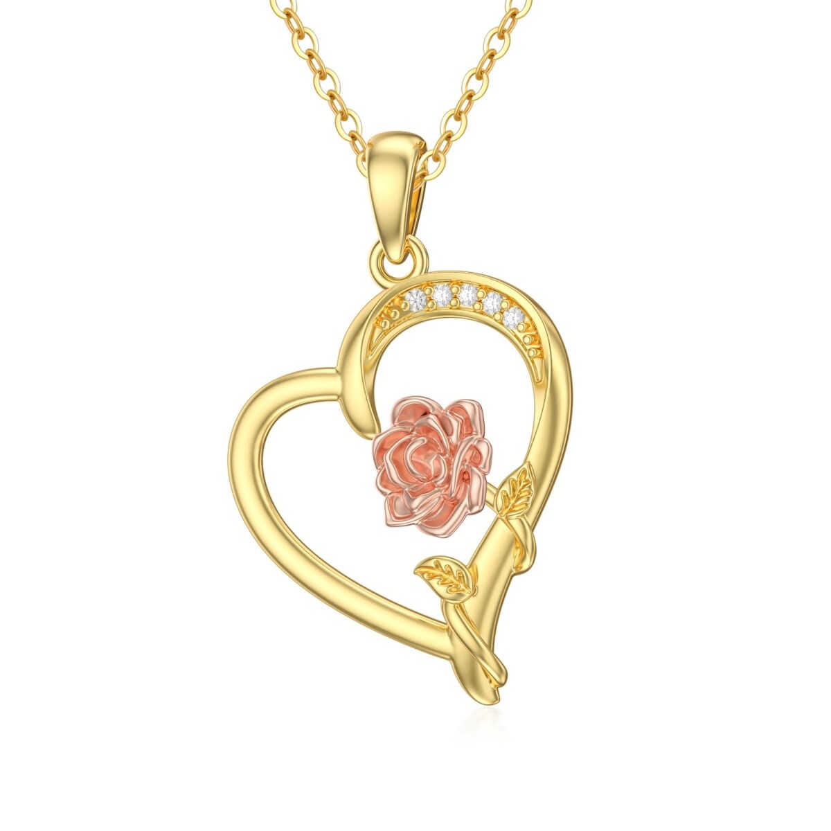 Collar colgante de oro de 14 quilates y oro rosa con moissanita rosa y corazón-1