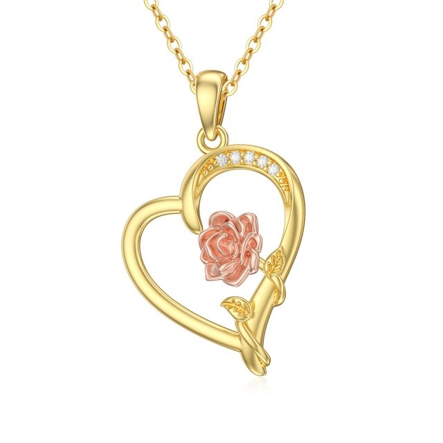 14K Gold & Rose Gold Moissanite Rose & Heart Pendant Necklace-0