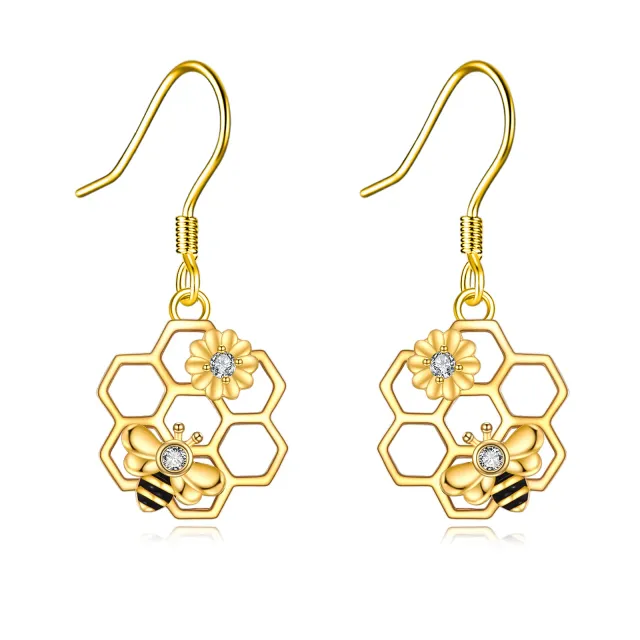 14K Gold Circular Shaped Cubic Zirconia Bee & Sunflower Drop Earrings-5