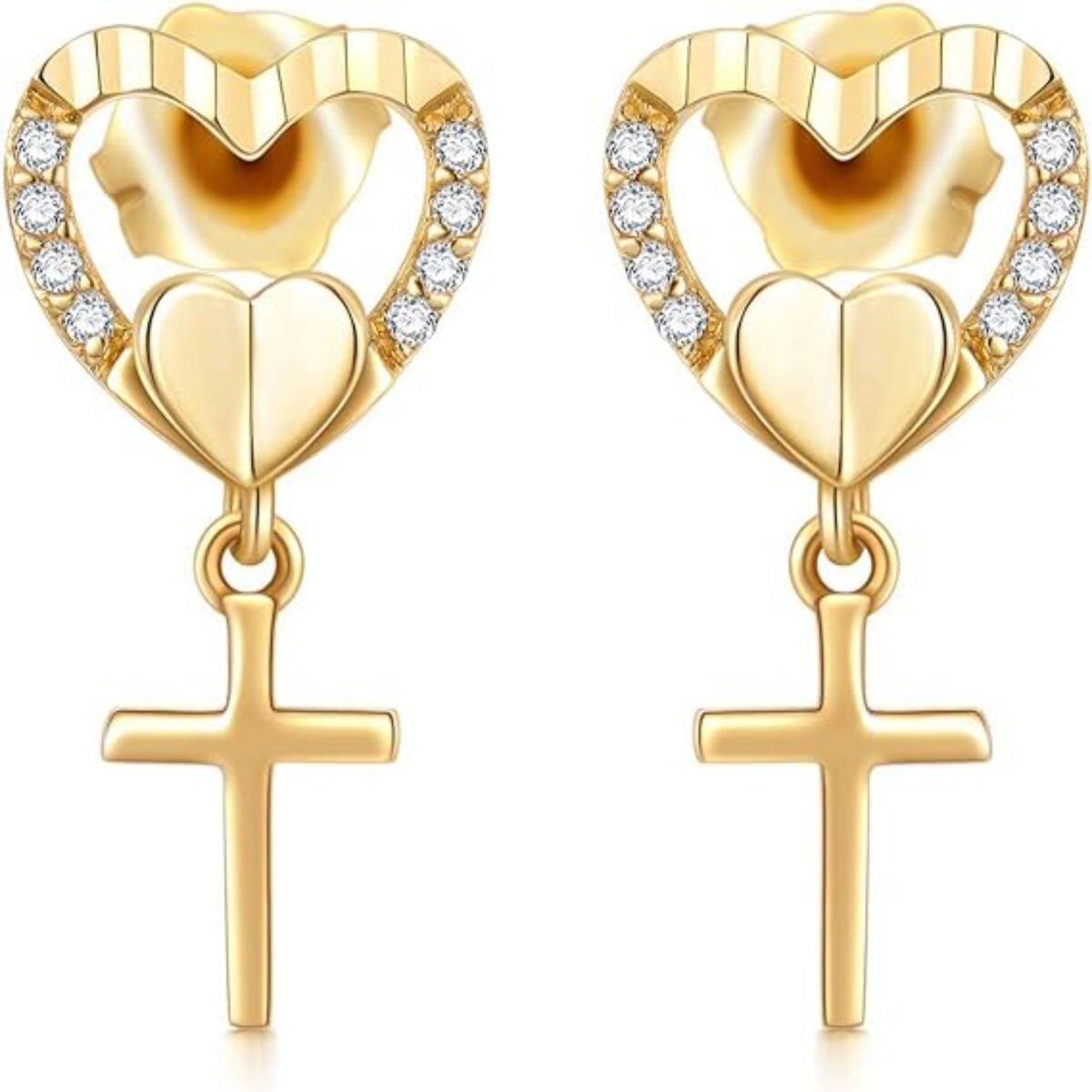 10K Gold Diamond & Moissanite Heart Stud Earrings-1