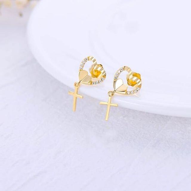 10K Gold Diamond & Moissanite Heart Stud Earrings-3