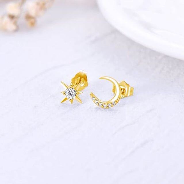 14K Gold Moissanite Moon Stud Earrings-2