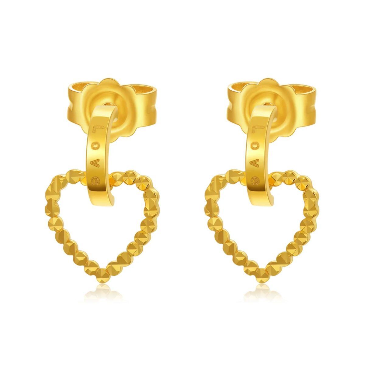 18K Gold Heart Drop Earrings with Engraved Word-1