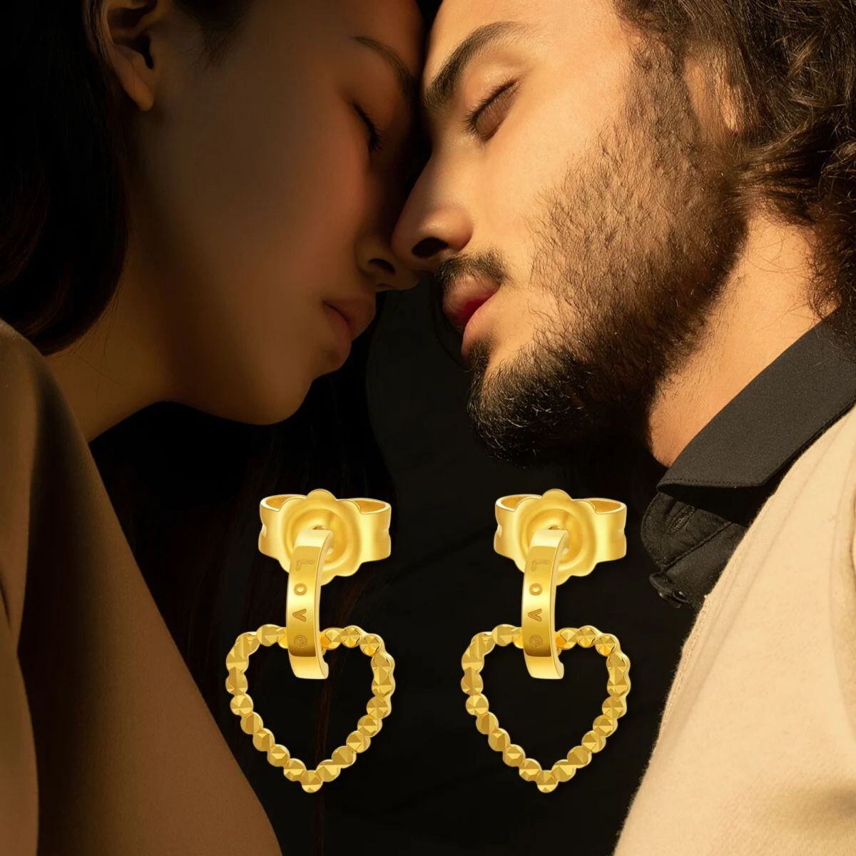 18K Gold Heart Drop Earrings with Engraved Word-5