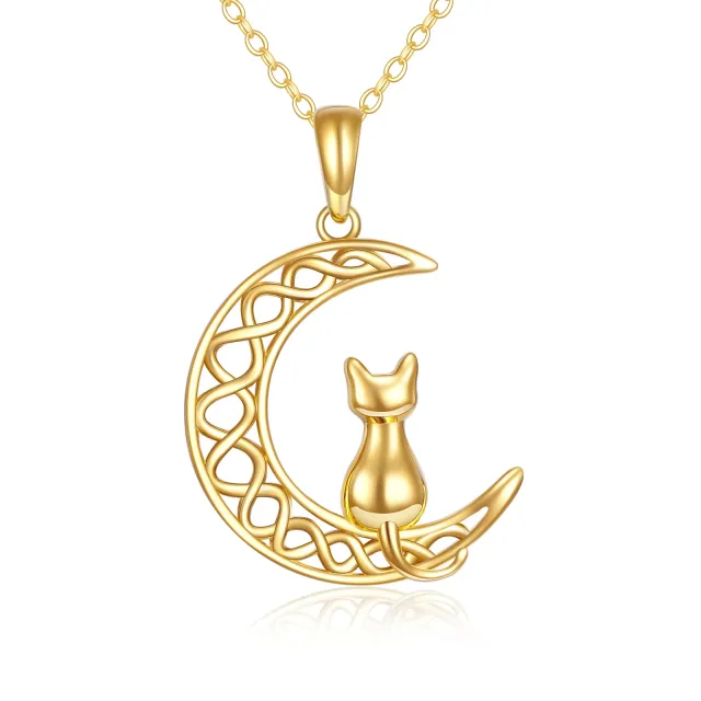 Colar com pingente de gato e lua em ouro 14K-0