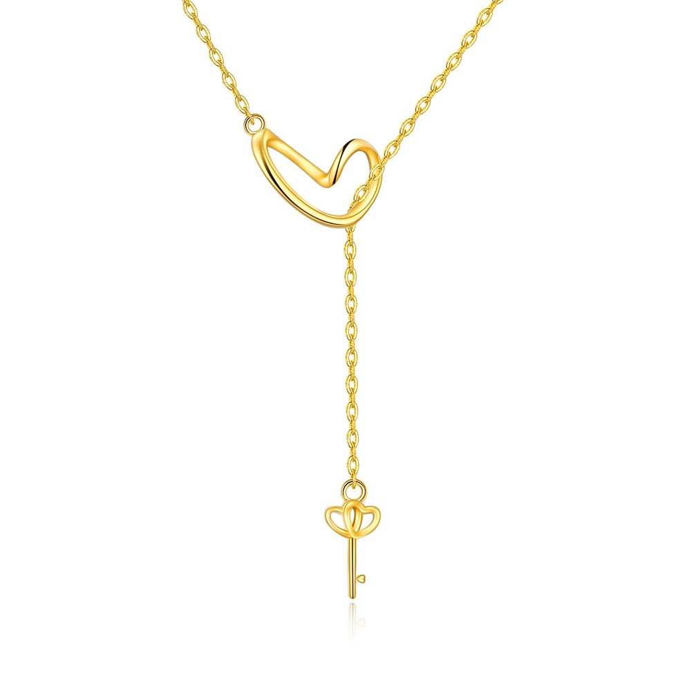 Collier en Y ajustable en or 14K avec cœur et clé-1