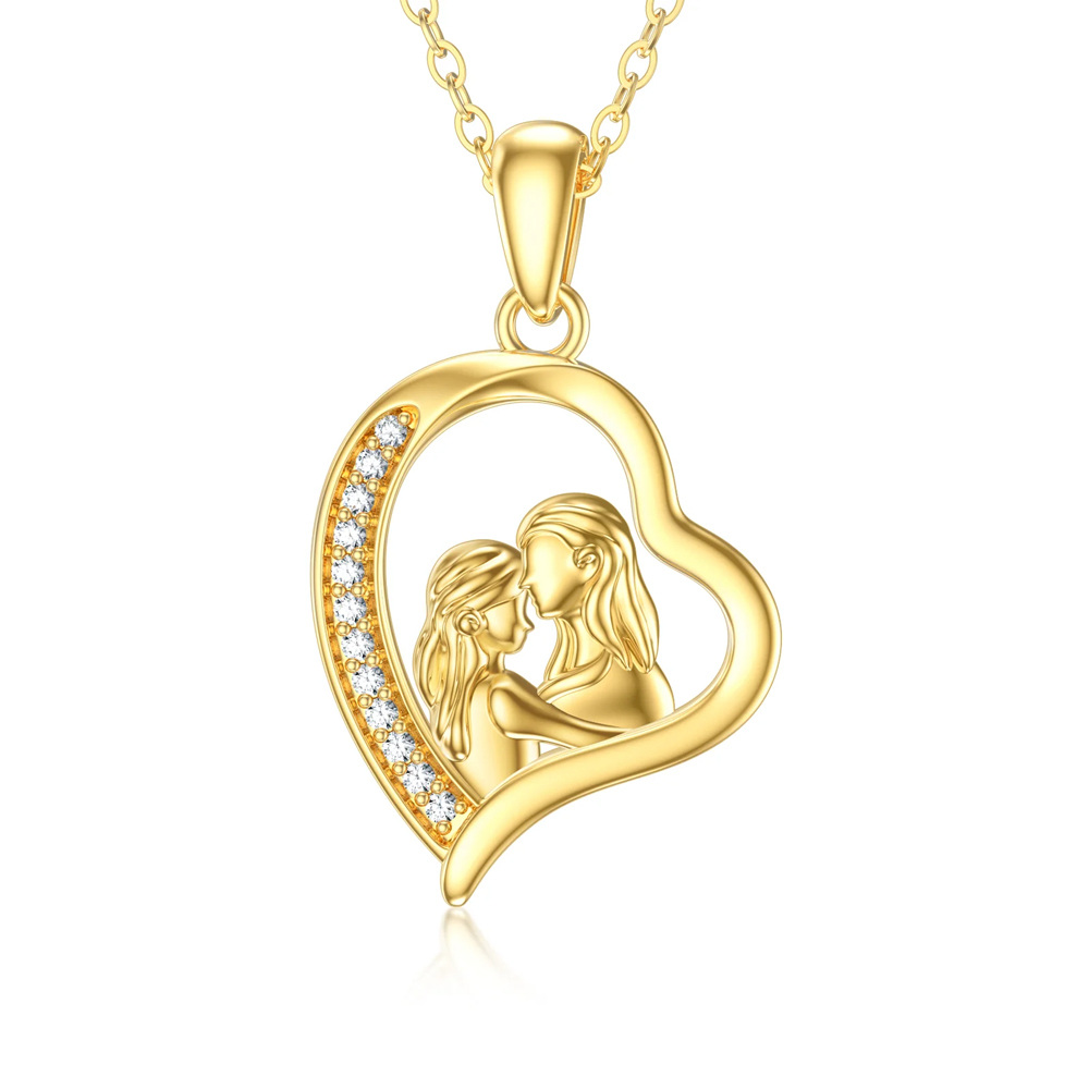 14K Gold Moissanite Mother & Daughter Heart Pendant Necklace with Solid Gold Chain-1