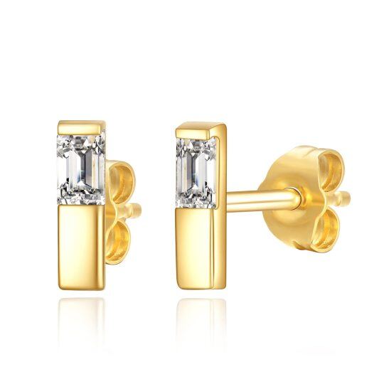 14K Gold Hand-cut Cubic Zircon Bar Stud Earrings with Push Back Minimalist for Women