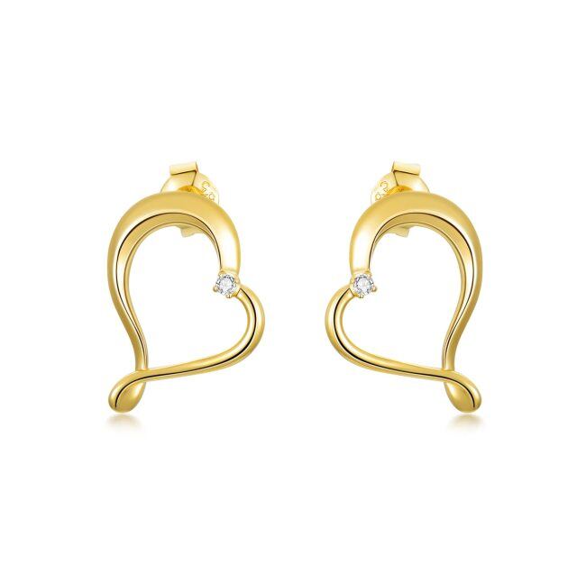 14K Gold Circular Shaped Zircon Heart Stud Earrings-0