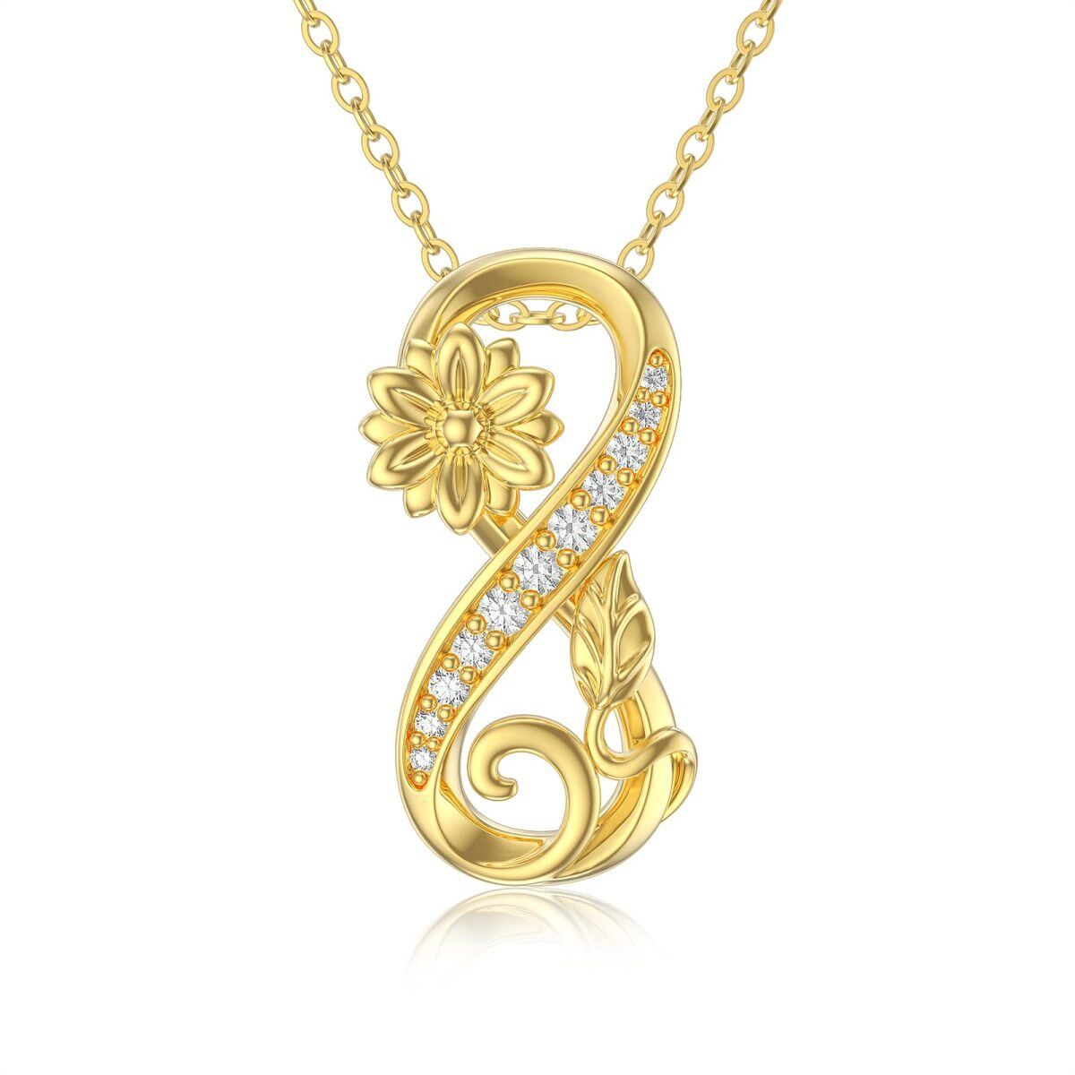 14K Gold Circular Shaped Zircon Sunflower & Infinity Symbol Pendant Necklace-1