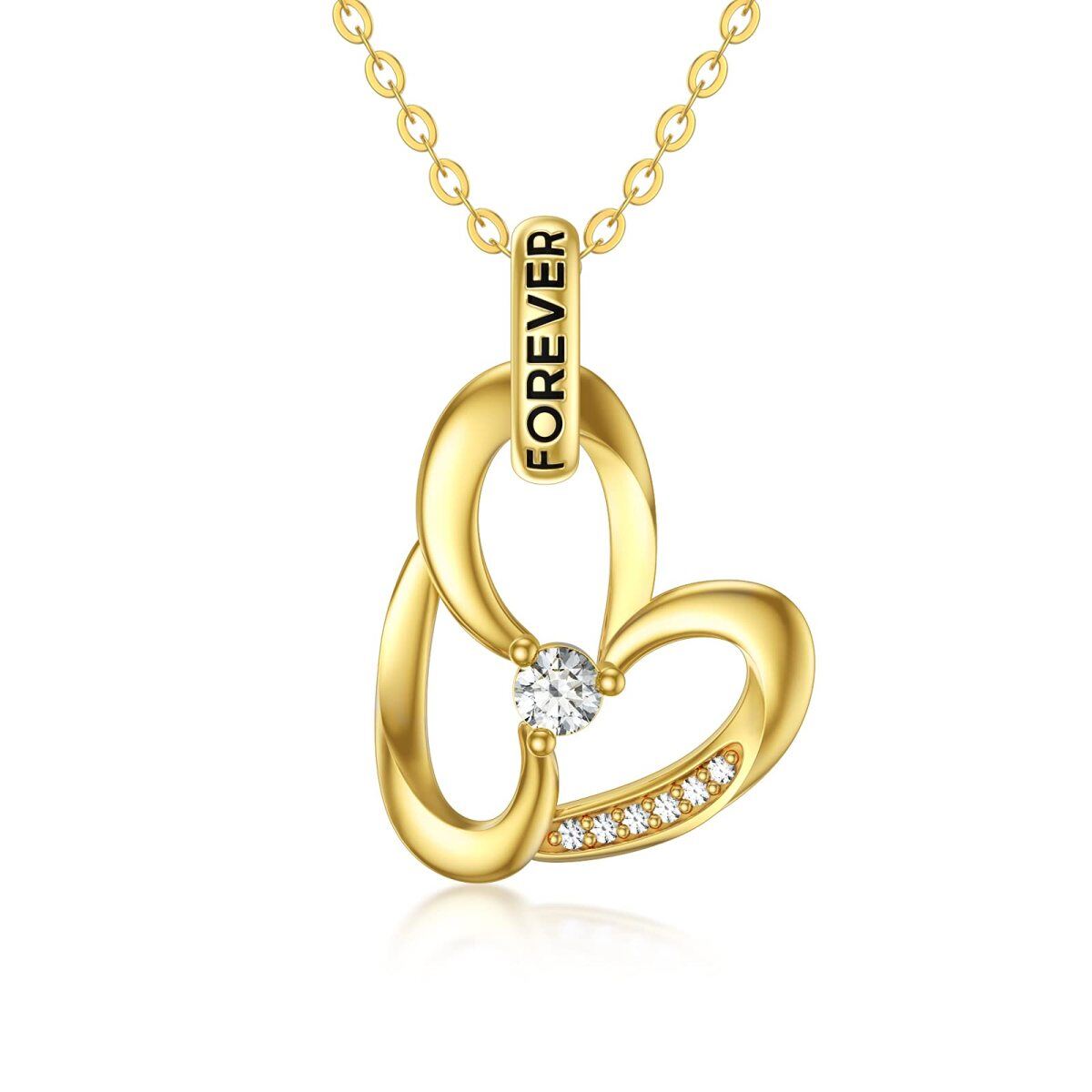 14K Gold Zircon Heart Pendant Necklace with Engraved Word-1