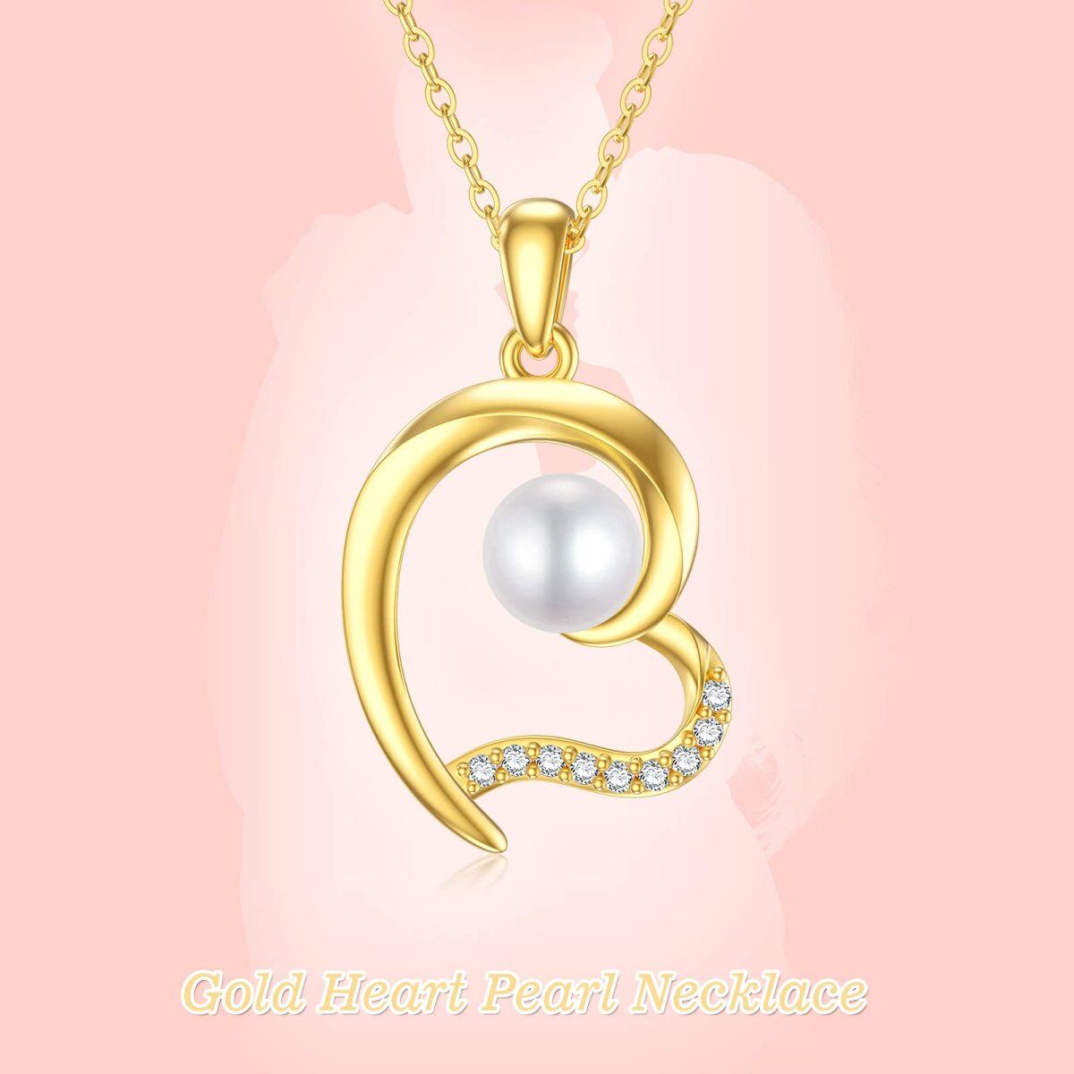 14K Gold Moissanite & Pearl Heart Pendant Necklace-6