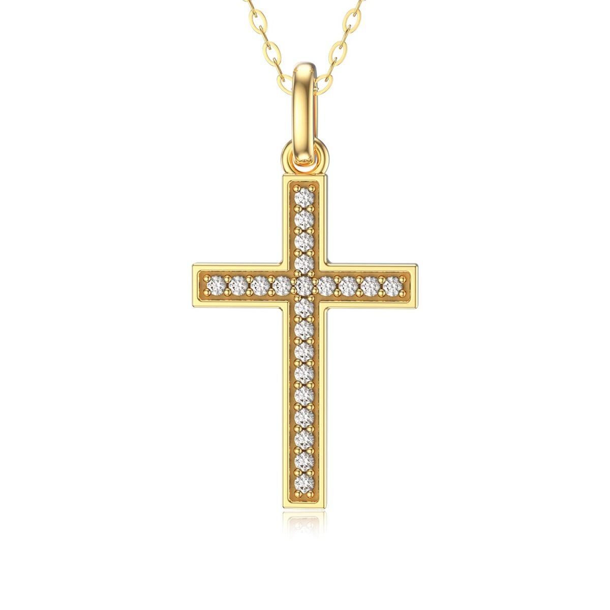14K Gold Circular Shaped Cubic Zirconia Cross Pendant Necklace-1