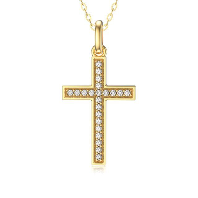 14K Gold Circular Shaped Cubic Zirconia Cross Pendant Necklace-0