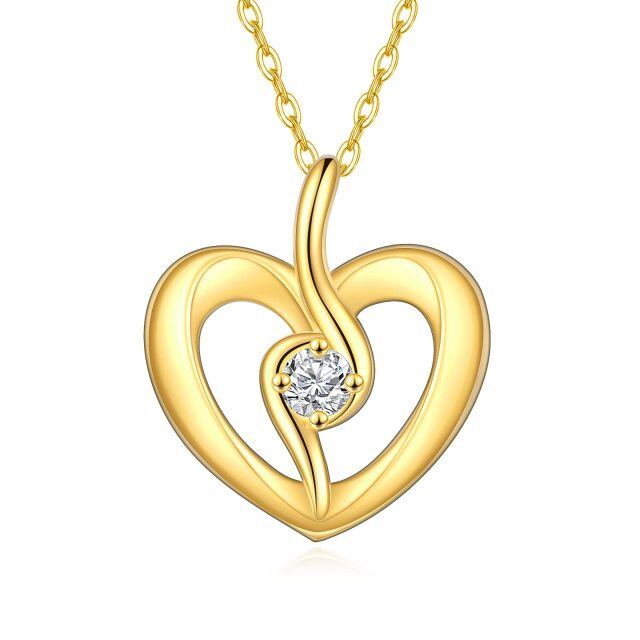 14K Gold Circular Shaped Zircon Heart Pendant Necklace-0