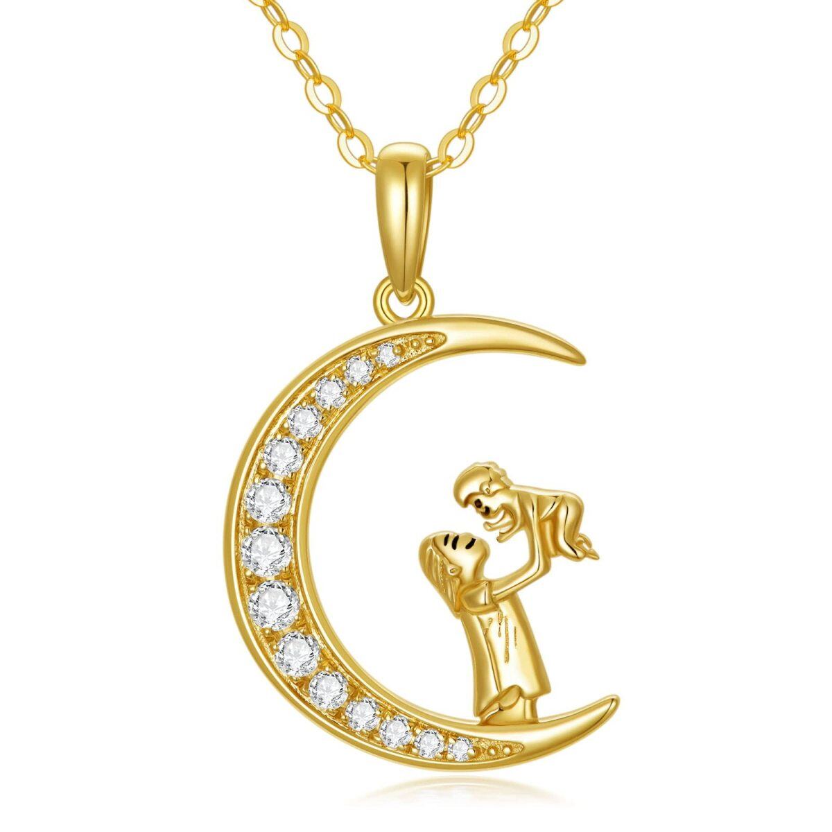 14K Gold Circular Shaped Moissanite Mother & Daughter Moon Pendant Necklace-1