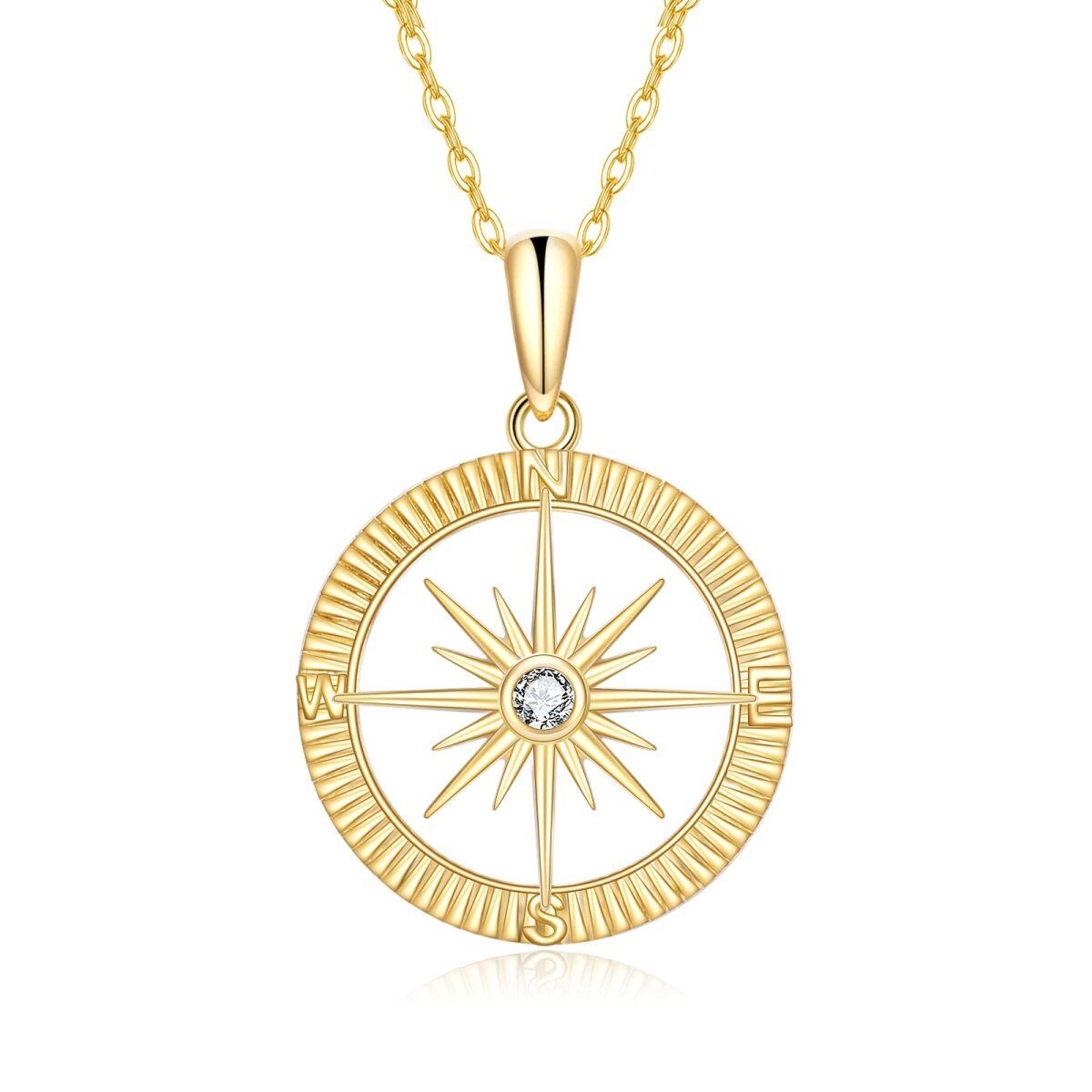 14K Gold Cubic Zirconia Diamond Cut Compass & Sun Pendant Necklace-1