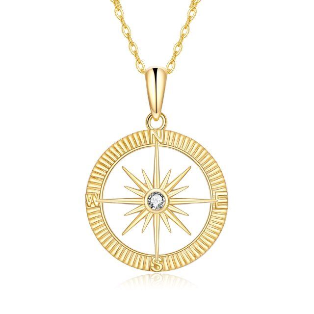 14K Gold Cubic Zirconia Diamond Cut Compass & Sun Pendant Necklace-0