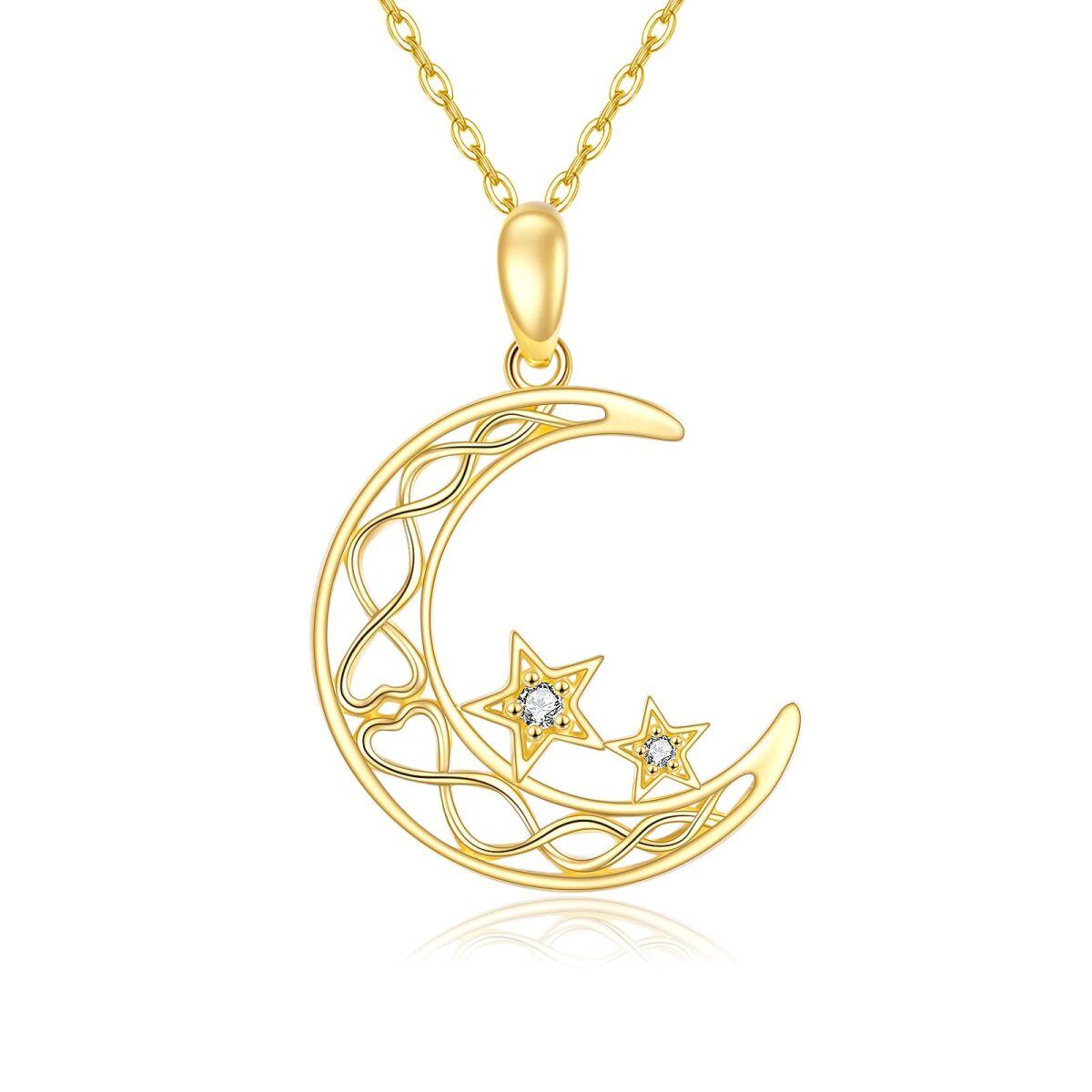 14K Gold Circular Shaped Cubic Zirconia Moon & Star Pendant Necklace-1