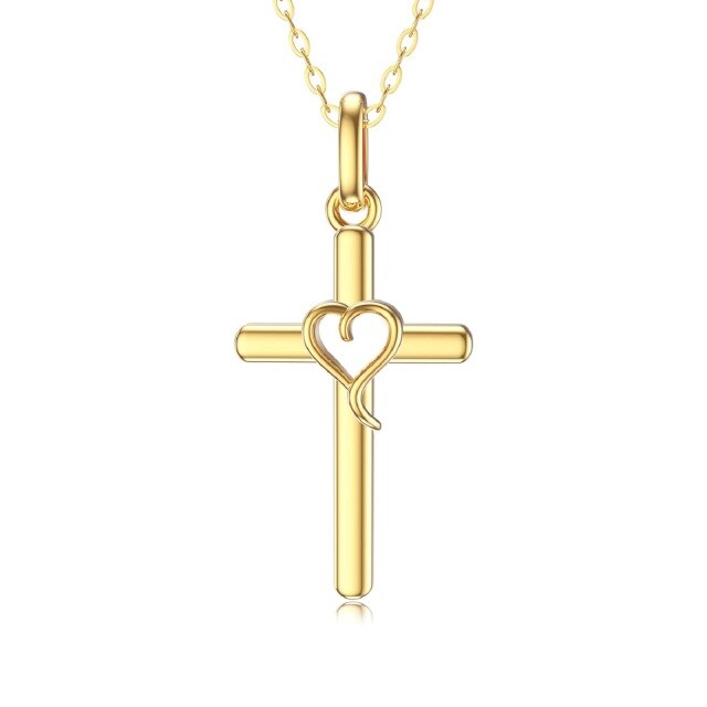 14K Gold Cross & Heart Pendant Necklace-1