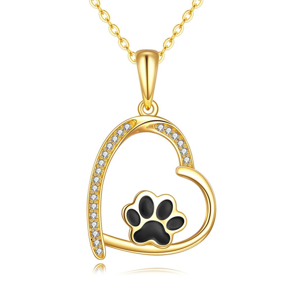 14K Gold Circular Shaped Cubic Zirconia Paw & Heart Pendant Necklace-1