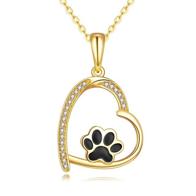 14K Gold Circular Shaped Cubic Zirconia Paw & Heart Pendant Necklace-0