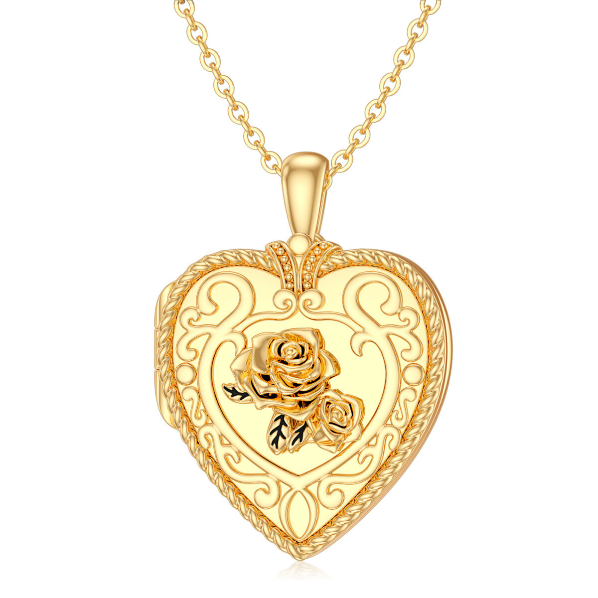 10K Gold Rose & Heart Personalized Photo Locket Necklace-1