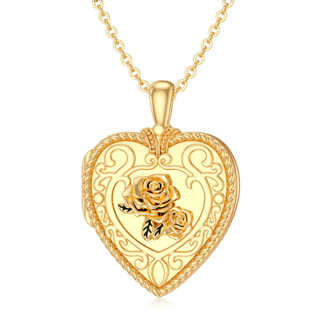 10K Gold Rose & Heart Personalized Photo Locket Necklace-0