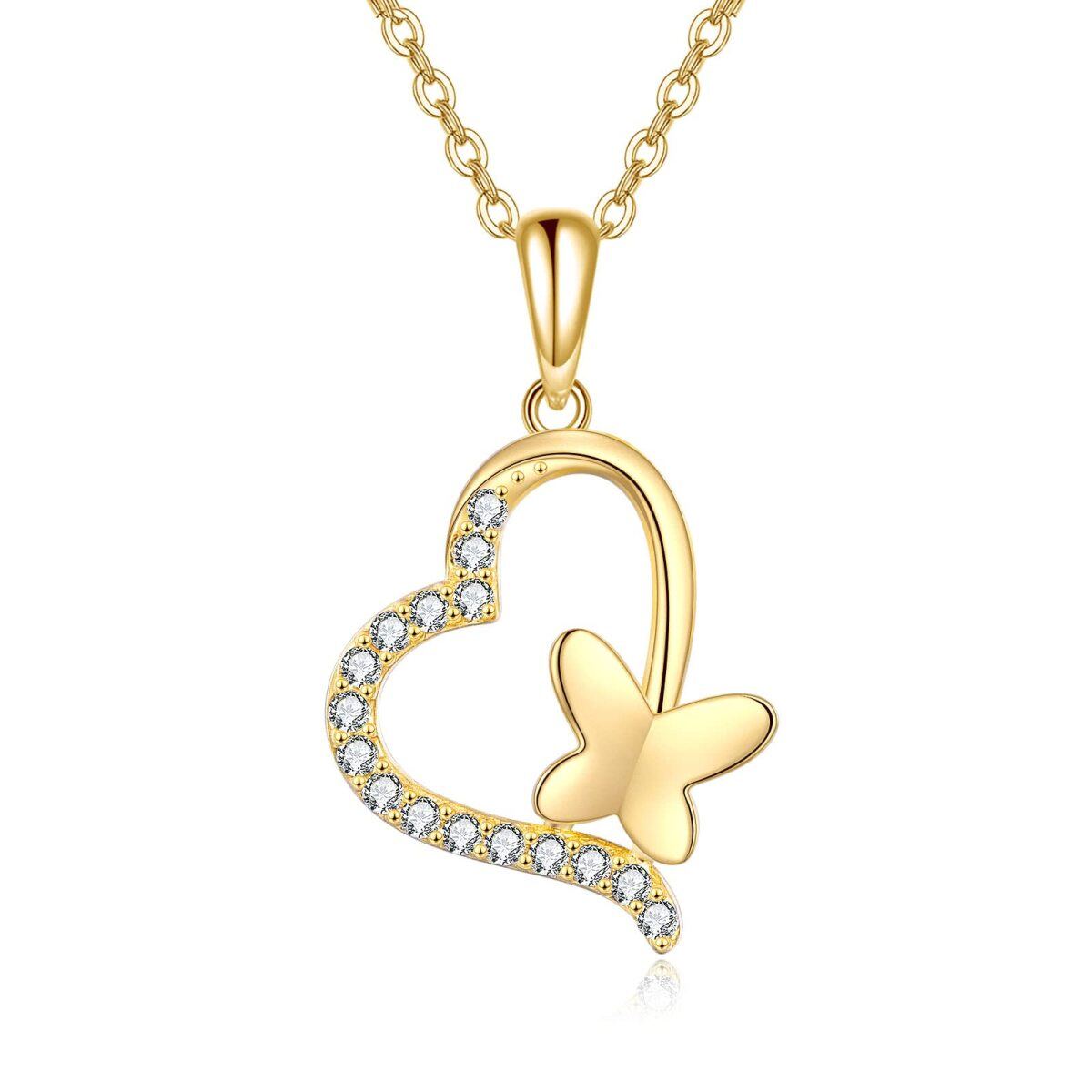 Collier en or 14K avec pendentif papillon et coeur en zircon cubique-1