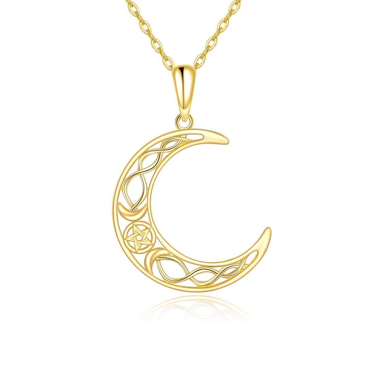 14K Gold Keltischer Knoten Mond & Pentagramm Anhänger Halskette-1