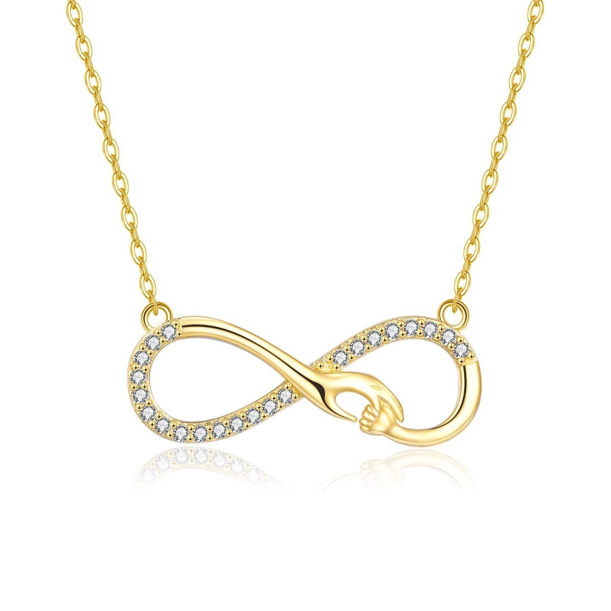 14K Gold Circular Shaped Cubic Zirconia Hold Hands & Infinity Symbol Pendant Necklace-1