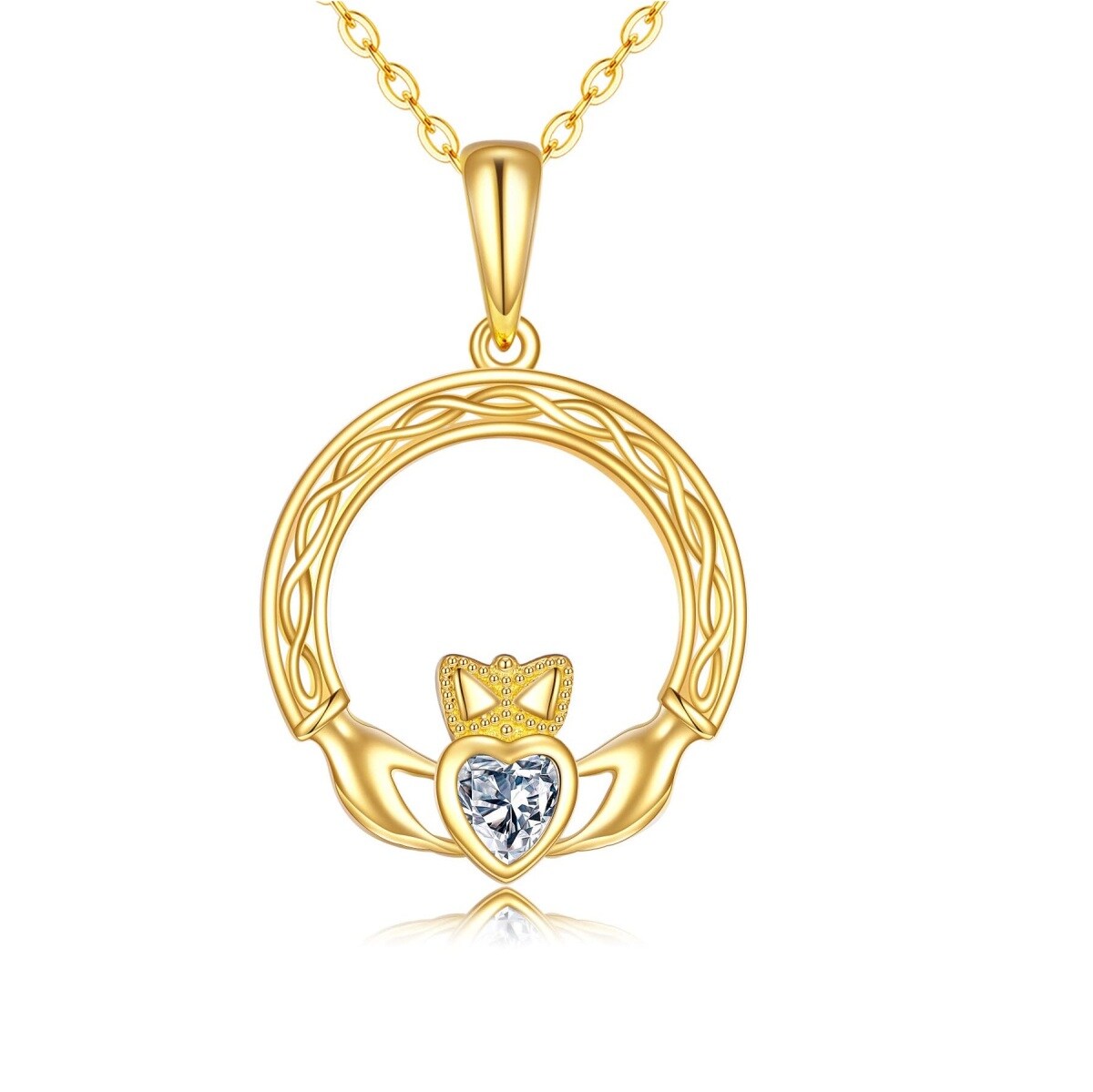 14K Gold Heart Shaped Cubic Zirconia Celtic Knot & Heart Pendant Necklace-1