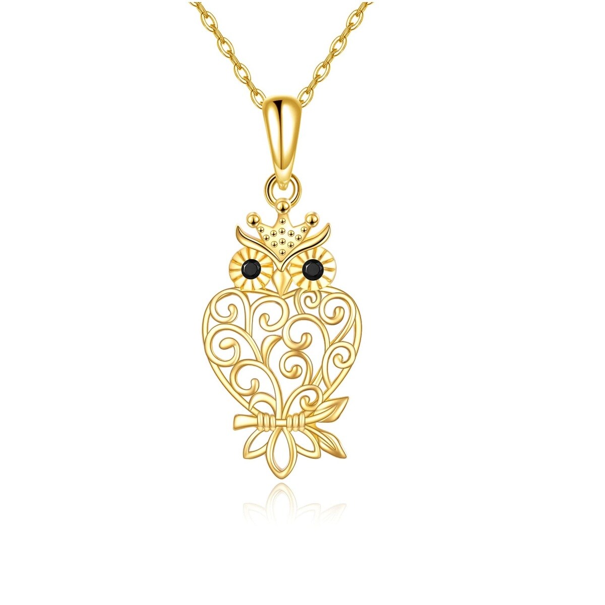 14K Gold Zircon Owl Pendant Necklace-1