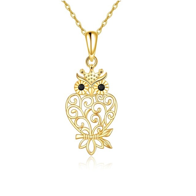 Colar com pingente de coruja de filigrana de zircão em ouro amarelo 14K para mulheres-0