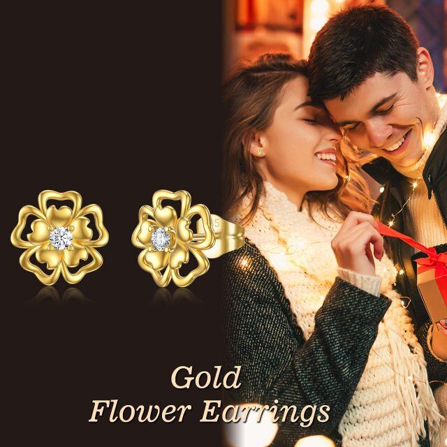 14K Solid Gold with Moissanite Flower Stud Earrings With Push Backs for Females-5