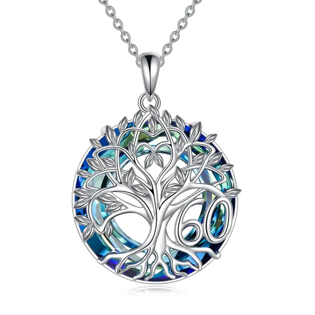 Sterling Silver Circular Shaped Tree Of Life Crystal Pendant Necklace-0