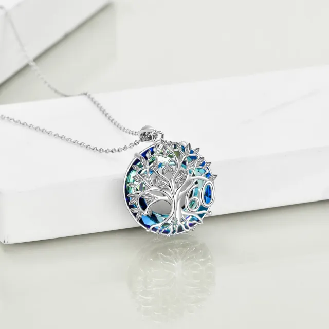 Sterling Silver Circular Shaped Tree Of Life Crystal Pendant Necklace-2