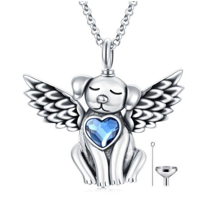 Sterling Silver Heart Shaped Crystal Dog & Angel Wing Urn Necklace for Ashes-1