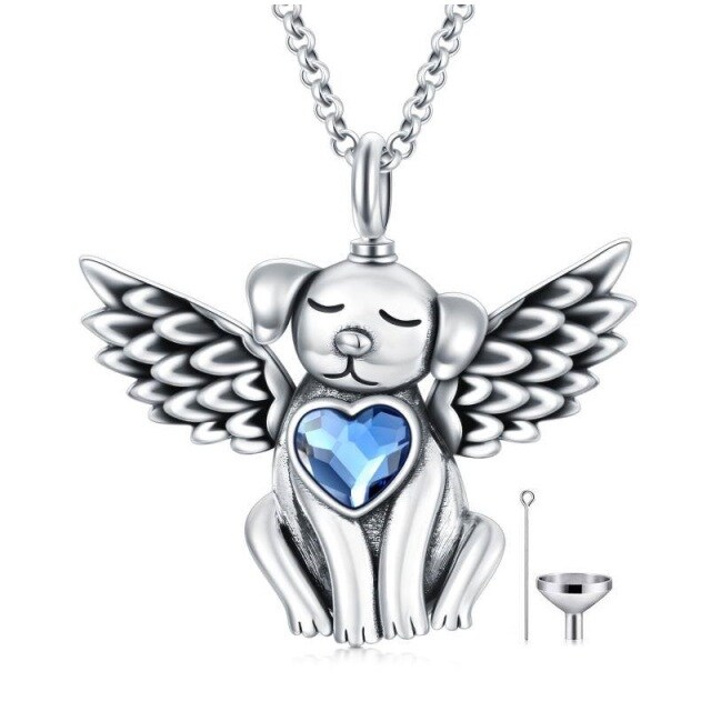 Sterling Silver Heart Shaped Crystal Dog & Angel Wing Urn Necklace for Ashes-0